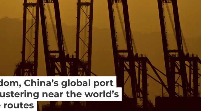 The silhouettes of the container cranes in the Port of Balboa in Panama City on Feb. 24, 2026. Martin Bernetti/ AFP via Getty Images